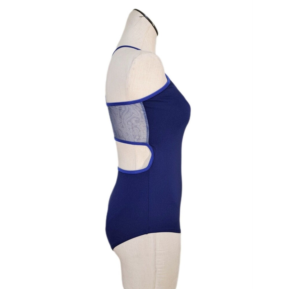 Aja VTG Blue Open Back Cutout Mesh Lace Crossback Tank Leotard AS/SA Size Small - Picture 6 of 14